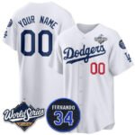 Custom Los Angeles Dodgers ACTIVE PLAYER White 2025 World Series With No. 34 Patch Limited Stitched Baseball Jersey